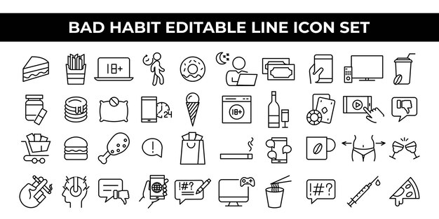 Iconos de malos hábitos Con iconos de línea editables para fumar, comer en exceso y hábitos de estilo de vida