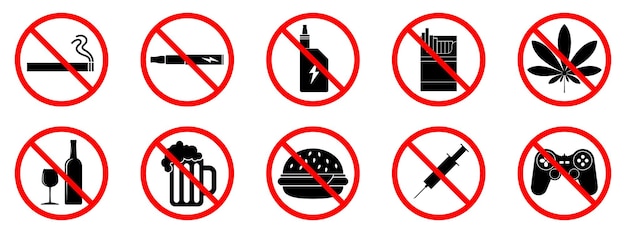 Vector iconos de malos hábitos los malos hábitos están prohibidos detener el icono de malos hábitos ilustración vectorial