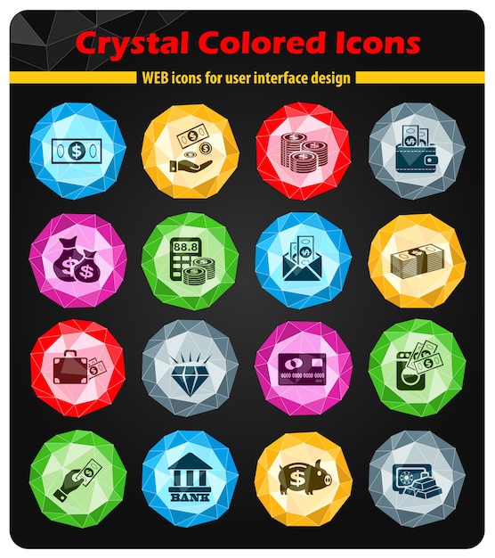 Iconos de mano y dinero en cristales de botones de colores brillantes