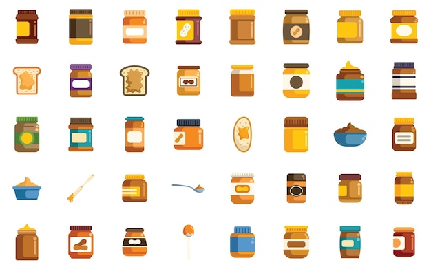 Iconos de mantequilla de maní conjunto vector simple planta de frasco de nuez pan bocadillo de jalea