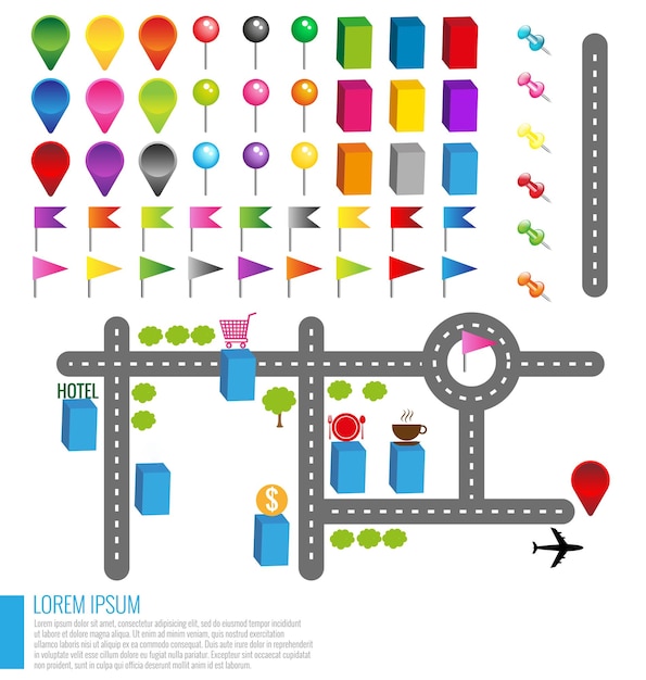 Vector iconos de mapa con edificios y carreteras