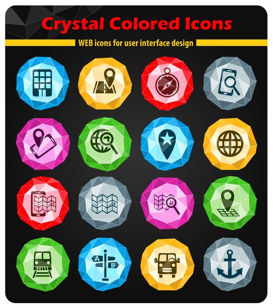 Iconos de mapa de transporte de navegación en cristales de botones de colores