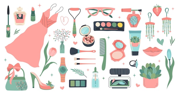 Iconos de maquillaje de belleza mujer gran conjunto de productos de cuidado corporal elementos de moda elegancia concepto cosmético