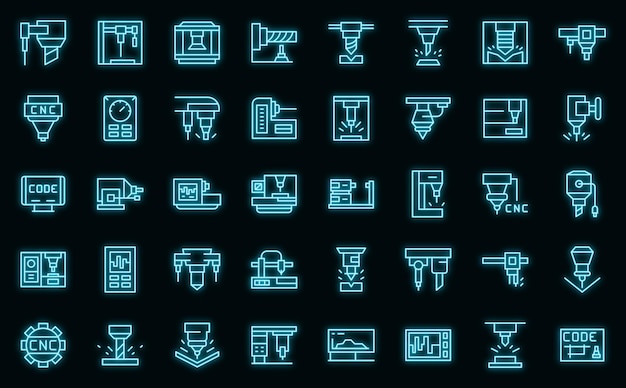 Los iconos de la máquina cnc establecen neón vectorial