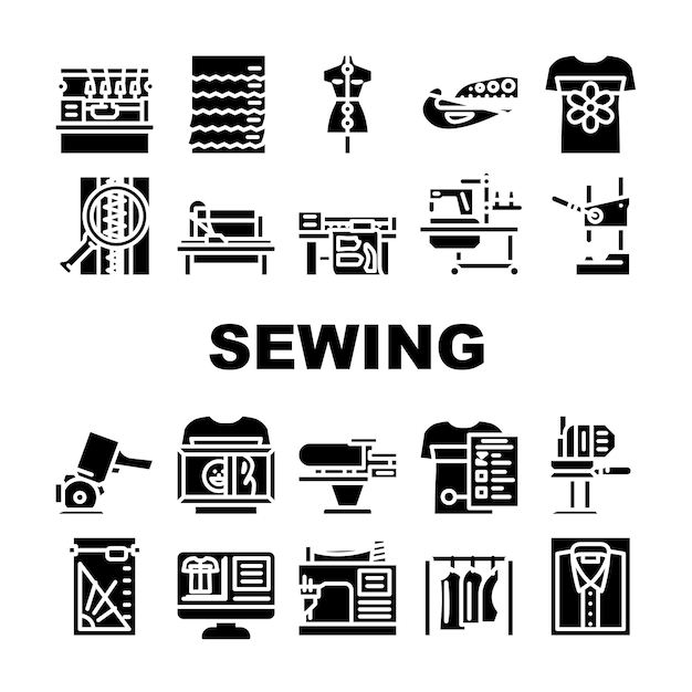 Iconos de máquina de coser de fábrica conjunto vector sastre tela hilo textil moda aguja industria costura mujer costurera fábrica coser coser máquina glifo pictograma ilustraciones