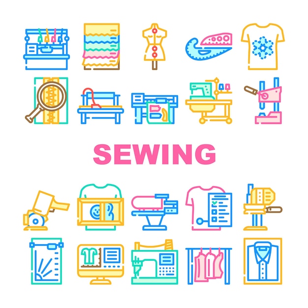 Iconos de máquina de coser de fábrica establecer vector sastre tela hilo textil moda aguja industria costura mujer costurera fábrica coser máquina de coser ilustraciones de línea de color