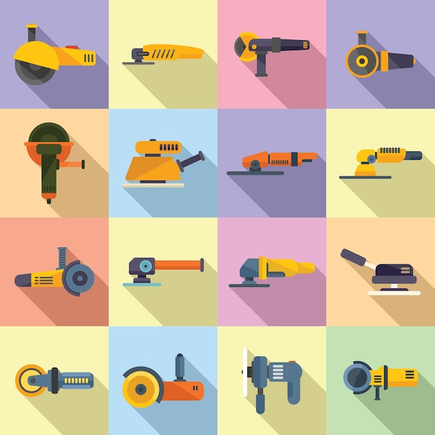 Los iconos de la máquina de pulir establecen un vector plano. Construir construir. Equipo electrico