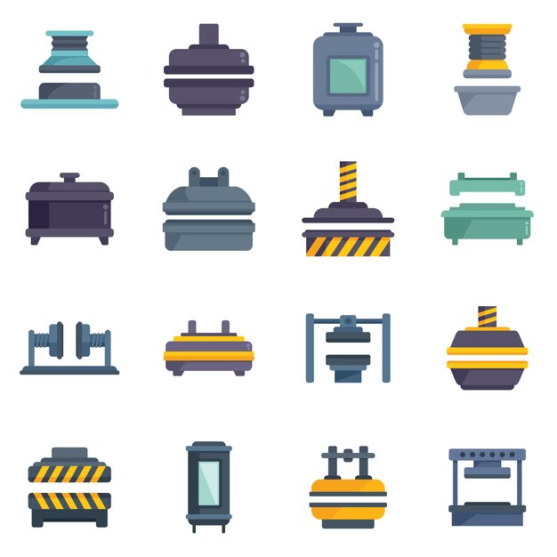 Los iconos de las máquinas de formulario de prensa establecen la fabricación de formaciones vectoriales planas
