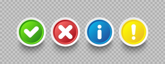 Iconos de marca de comprobación redonda y cruz, signo de exclamación e icono de información