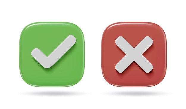 Iconos de marca de verificación. Marcas de verificación de marca verde y cruz roja. Marca de verificación y símbolos estilizados X 3D