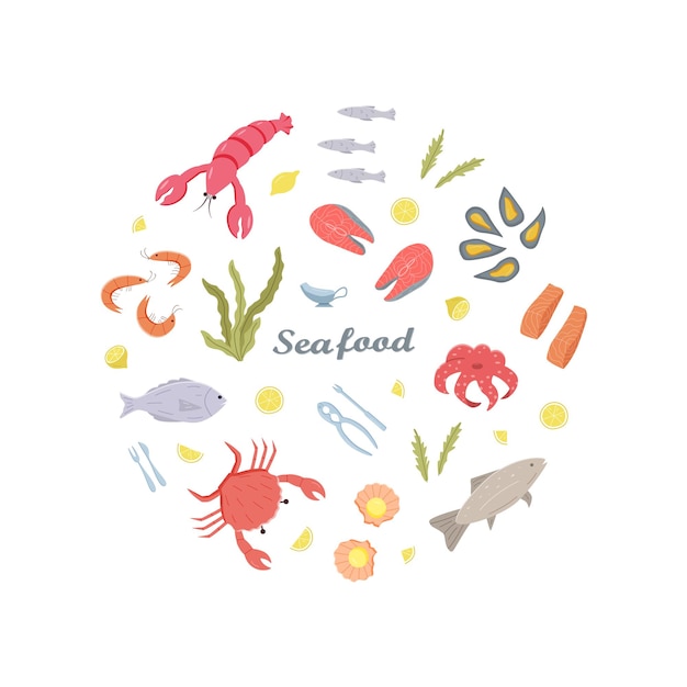 Iconos de mariscos elementos en color Ilustración vectorial de mariscas y cocina de mar