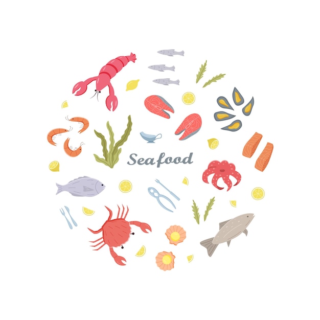 Vector iconos de mariscos elementos en color ilustración vectorial de mariscas y cocina de mar