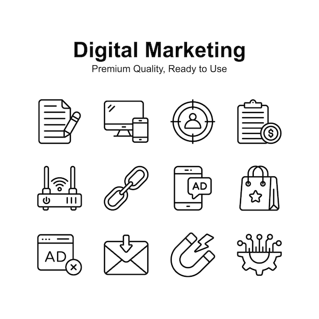 Iconos de marketing digital bien diseñados aislados sobre un fondo blanco