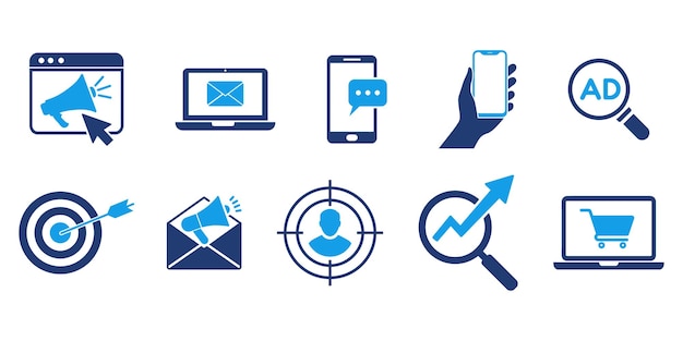Iconos de marketing digital Establezca el crecimiento de las ventas de publicidad de marketing y iconos de publicidad