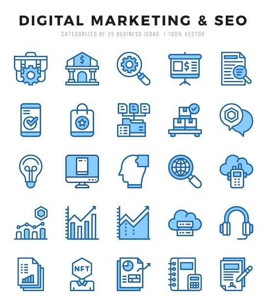 Iconos de marketing digital de SEO paquete de dos colores Ilustración vectorial de estilo