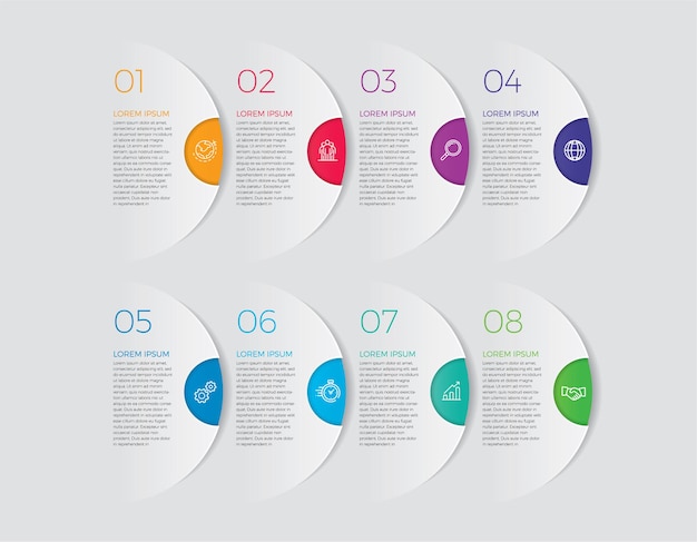 Iconos de marketing y diseño infográfico. Concepto de negocio con 8 opciones, pasos o procesos.