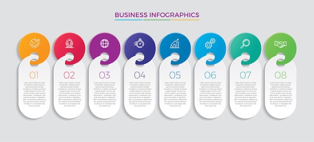 Iconos de marketing y diseño infográfico. Concepto de negocio con 8 opciones, pasos o procesos.