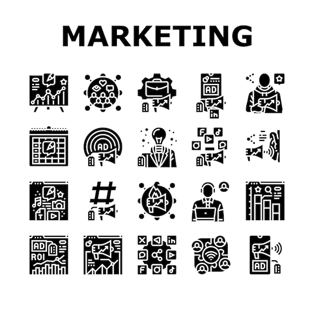 iconos de marketing en redes sociales establecen vector red comunicación empresarial en línea teléfono web internet móvil estrategia digital social media marketing glifo pictograma ilustraciones