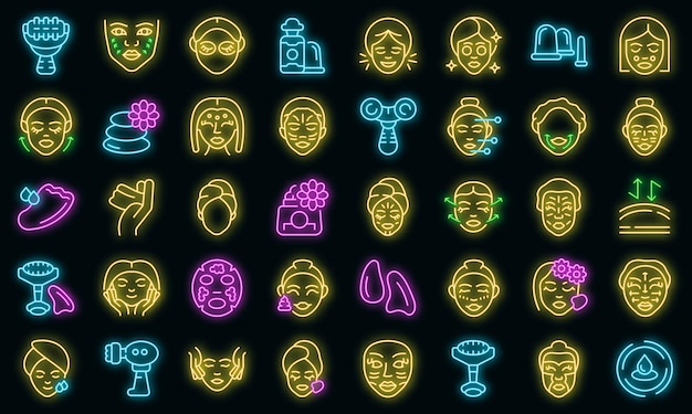 Iconos de masaje facial set vector neon