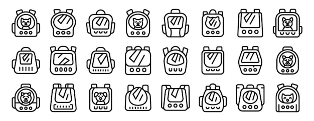 Iconos de mascotas de mochila contorno vector de conjunto Una serie de caricaturas de rostros de robots con un perro en uno de ellos