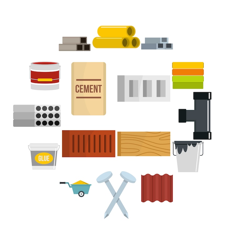 Vector iconos de materiales de construcción establecidos en estilo plano