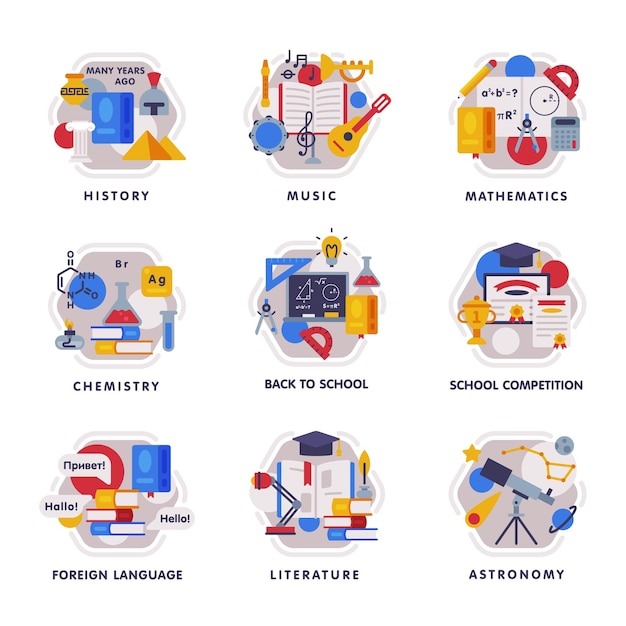 Los iconos de materias escolares establecen disciplinas educativas y científicas con elementos relacionados con el vector de estilo plano