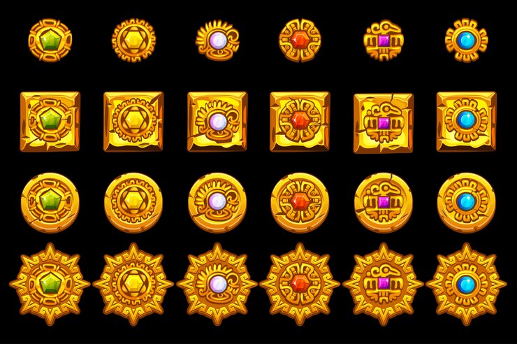 Vector iconos mayas azteca americana, cultura maya símbolos de oro.