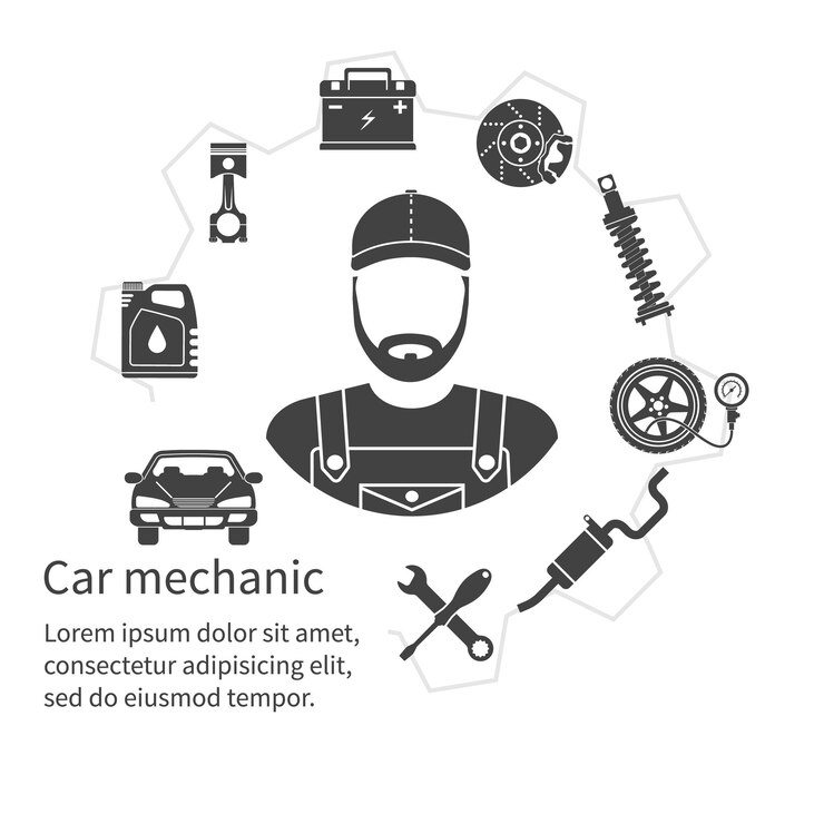 Vector iconos mecánicos de automóviles herramientas y concepto de repuestos equipos de máquinas de reparación concepto de servicio de automóviles ilustración vectorial icono de mecánico de automóviles diseño de automóviles de reparación iconos negros sobre fondo blanco