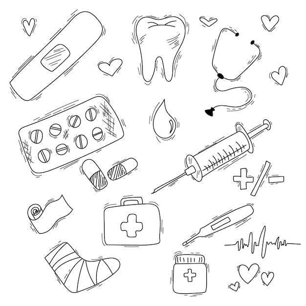 Iconos de medicamentos dibujados en blanco Icones de farmacias de atención médica Ilustración vectorial de atención médica