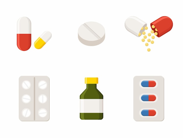 Iconos de medicamentos pastillas cápsulas y botellas de medicamentos recetados ilustración vectorial