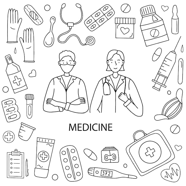 Iconos de medicina azules dibujados en blanco Icones de farmacia de atención médica Ilustración vectorial