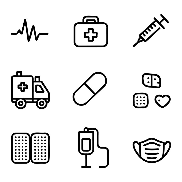 Iconos médicos, ambulancias, jeringas, pastillas para el latido del corazón y más