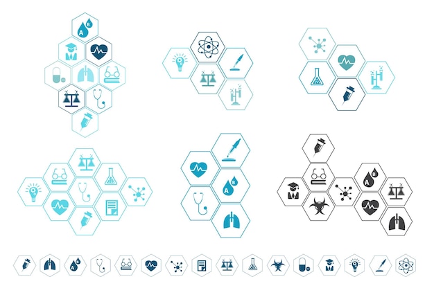 Iconos médicos de arte de líneas vectoriales establecidos con elementos hexágono fondo azul diseño de plantilla de diseño creativo