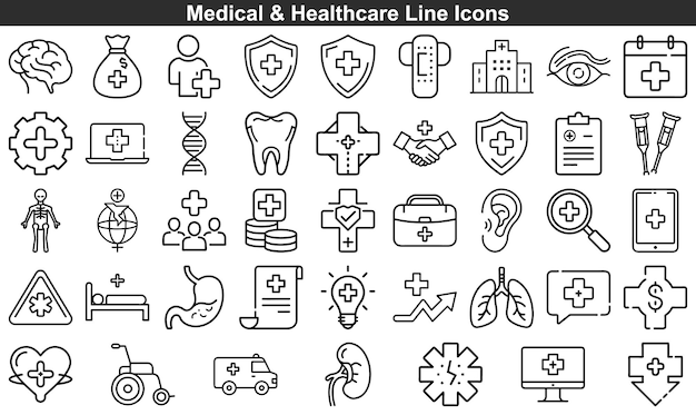 Iconos médicos de atención médica Conjunto de arte de línea con símbolos de clínica, hospital y salud