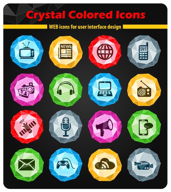 Iconos de medios en cristales de botones de colores brillantes