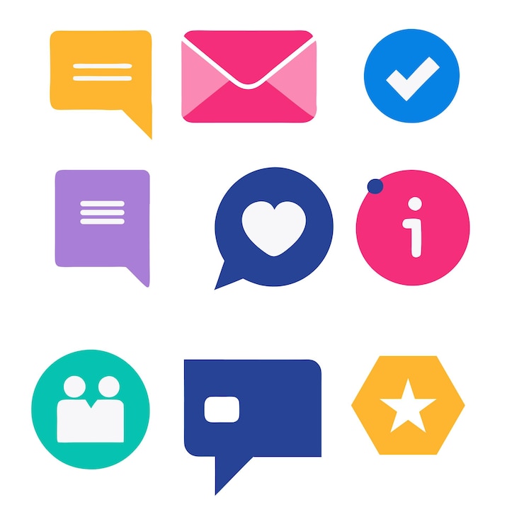 Vector iconos de medios sociales y comunicación de color plano configure notificaciones de mensajería y gustos