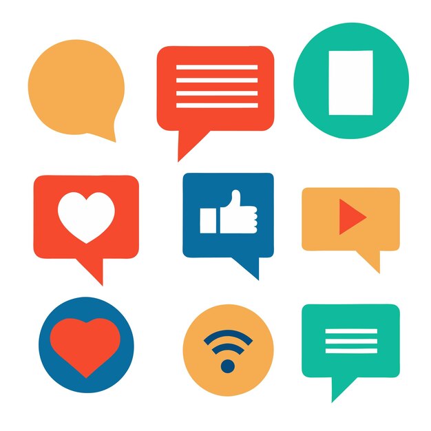 Iconos de medios sociales y comunicación de color plano Configure notificaciones de mensajería y gustos