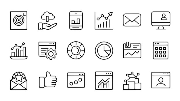 Iconos de medios sociales y web en estilo de línea Análisis de datos Blogging SEO Marketing digital como gestión Mensaje teléfono Iconos relacionados Conjunto de ilustración vectorial plana