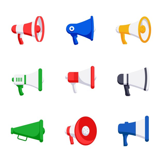 Iconos de megáfono El conjunto de megáfonos de estilo plano