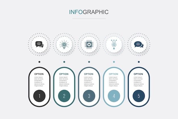 Iconos de mensaje de algoritmo de tecnología de innovación de chat Plantilla de diseño de diseño de diseño infográfico Concepto de presentación creativa con 5 pasos