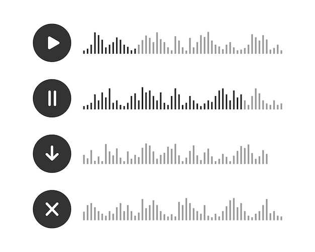 Iconos de mensajes de audio Elementos de chat de voz con pausa de reproducción Descarga de botones cruzados y ondas de habla Interfaz de aplicación móvil de podcast de radio de mensajero