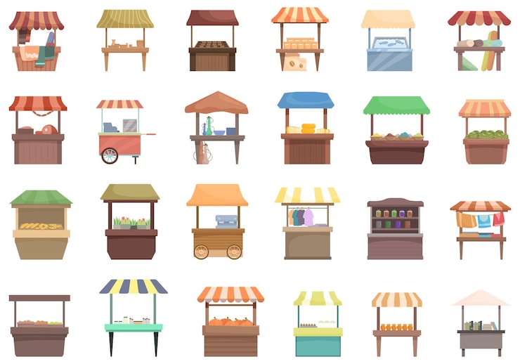 Vector los iconos del mercado de artesanías establecen vectores de dibujos animados mercado callejero tienda de alimentos