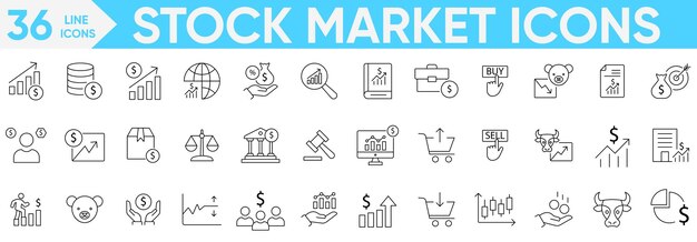 Iconos del mercado de valores conjunto Bolsa de valores Inversión finanzas bear valor de mercado presupuesto tableta objetivo financiero acciones inversión mercado alcista y másVector e ilustrador conjunto