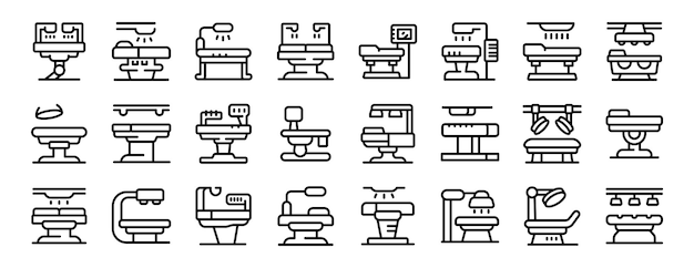 Los iconos de la mesa de operaciones médicas establecen el contorno del vector del lugar de trabajo de la medicina