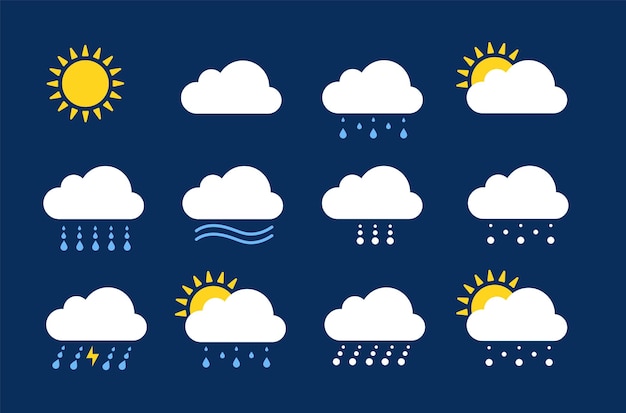 Iconos meteorológicos Temporada clima precipitación lluvia y nieve Informe meteorológico plano o elementos de imágenes prediseñadas de pronóstico Soleado nublado lluvioso símbolos vectoriales completos