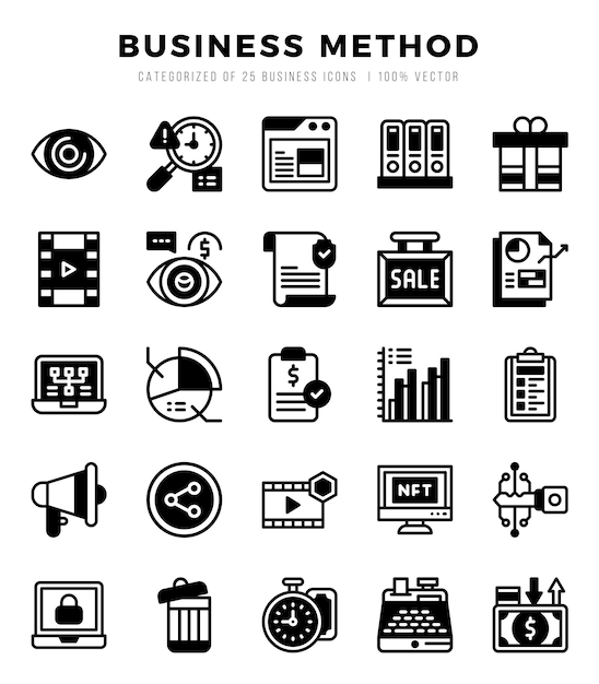 Iconos del método de negocio Conjunto de iconos llenos lineales del conjunto de la colección de métodos de negocio