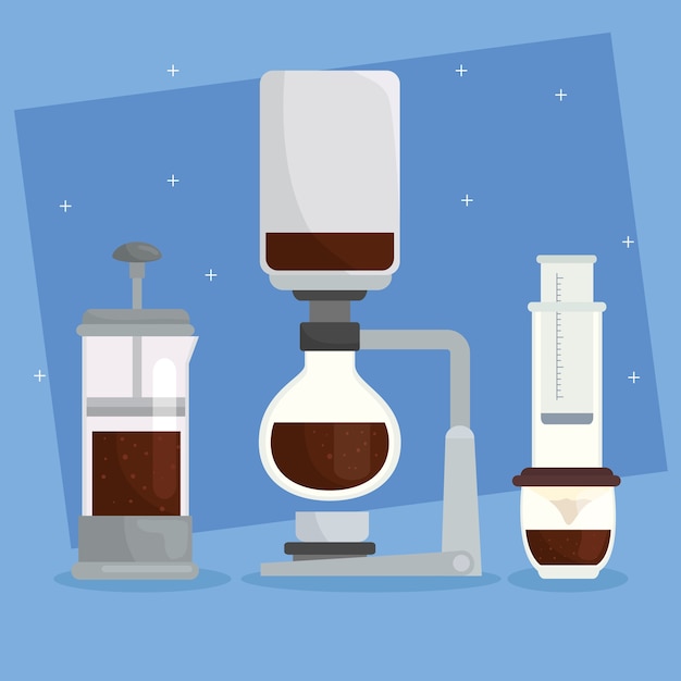 Vector iconos de métodos de preparación de café en diseño de fondo azul