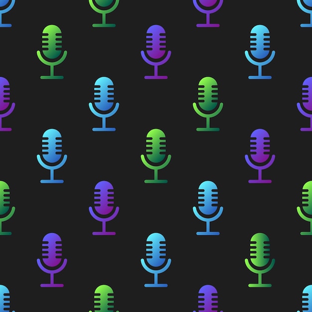 Iconos de micrófono de color neón en fondo negro patrón sin costuras vectorial