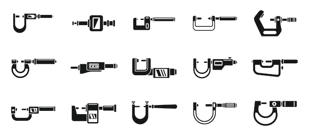 Los iconos del micrómetro de ingeniería establecen un vector simple. Gálibo industrial. Equipo en pulgadas