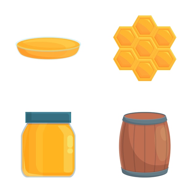 Iconos de miel fresca set de dibujos animados vector jarro de panal de miel y barril de miel